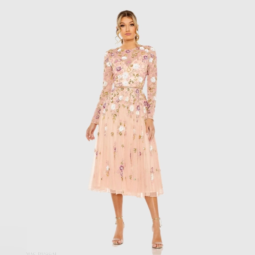 NWT Mac Duggal Pink Sequined Floral Long Sleeve Dress | Size 14